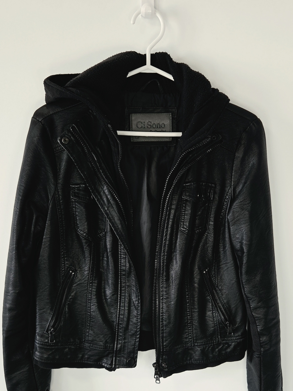 Ci Sono Black Faux Leather Hooded Moto Jacket